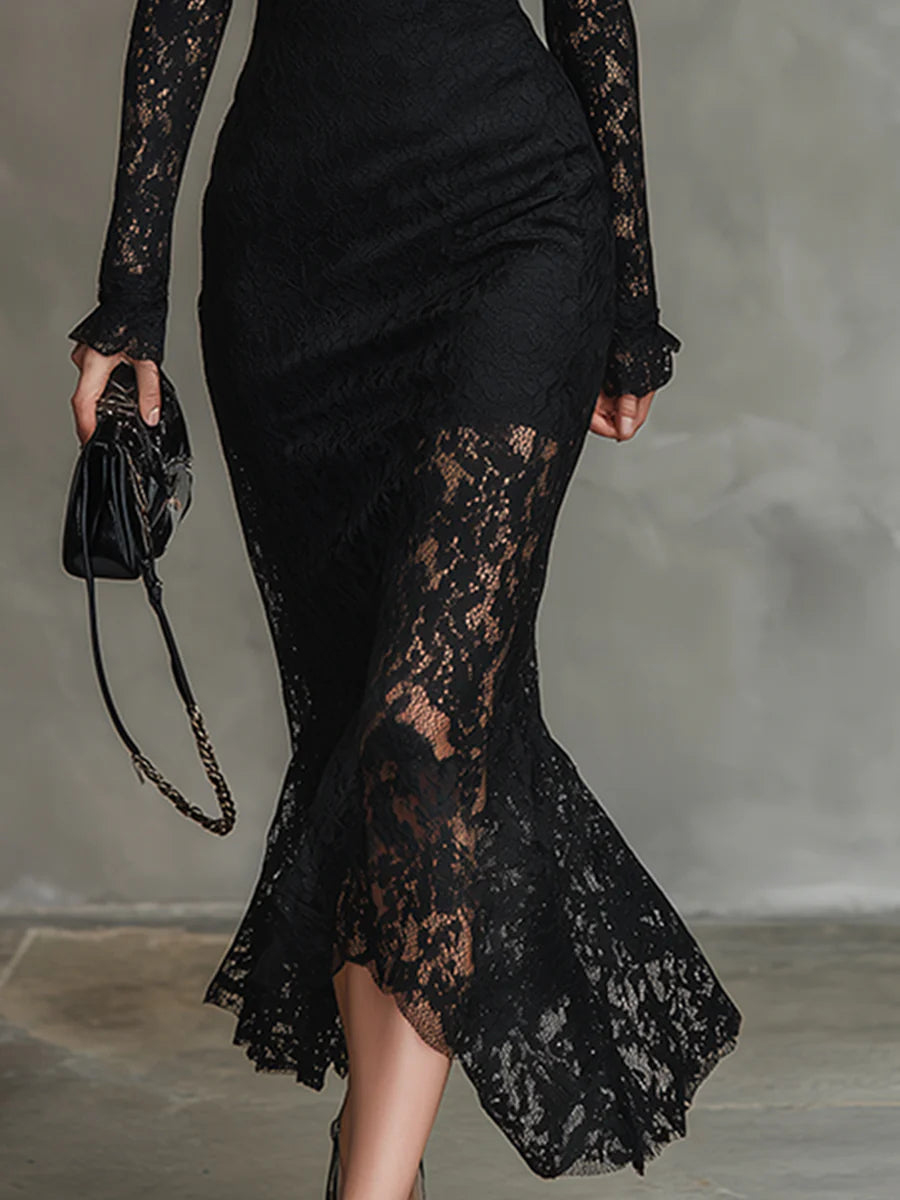 ISABELLA | ELEGANT BLACK LACE MERMAID MAXI DRESS